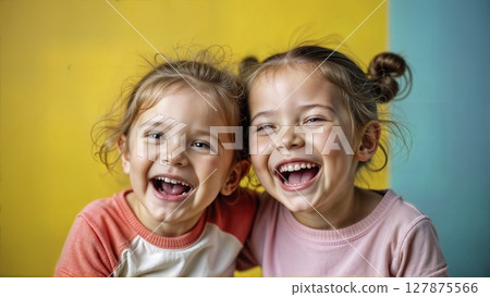 A portrait of two children laughing joyfully, celebrating their friendship and the pure joy of childhood together. - ai generated 127875566