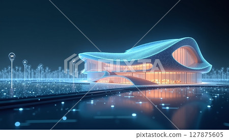 Glowing lines form a futuristic building blueprint, showcasing visualization of innovative architectural design and cutting-edge technology Glowing lines form a futuristic building blueprint, showcasing visualization of innovative architectural design and cutting-edge technology 127875605