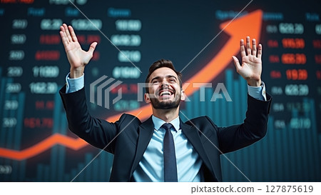 A businessman beams with joy as stock prices soar, profits rise, and an upward arrow on the chart signals success 127875619