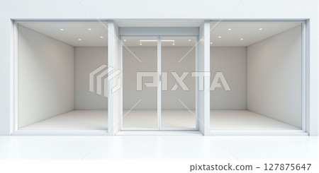 A minimalist white storefront with a clean facade, showcasing an empty space and modern design, exuding elegance and simplicity 127875647