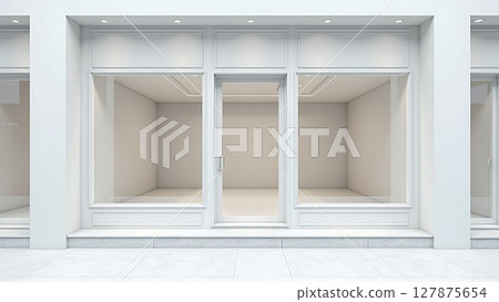A minimalist white storefront with a clean facade, showcasing an empty space and modern design, exuding elegance and simplicity 127875654