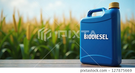 A green fuel canister filled with bio diesel stands before a vibrant sunflower and cornfield under a clear blue sky 127875669