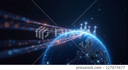 Global data network: cell towers, fiber optics, and satellites connect the world, enabling seamless communication across the globe 127875677