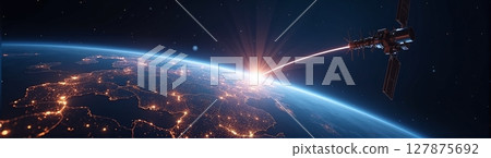 Global data network: cell towers, fiber optics, and satellites connect the world, enabling seamless communication across the globe 127875692