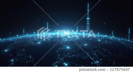 Global data network: cell towers, fiber optics, and satellites connect the world, enabling seamless communication across the globe 127875697