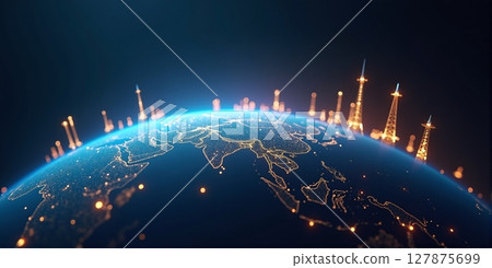 Global data network: cell towers, fiber optics, and satellites connect the world, enabling seamless communication across the globe 127875699