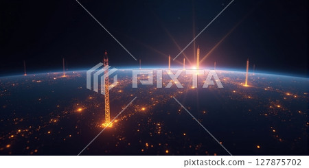 Global data network: cell towers, fiber optics, and satellites connect the world, enabling seamless communication across the globe 127875702