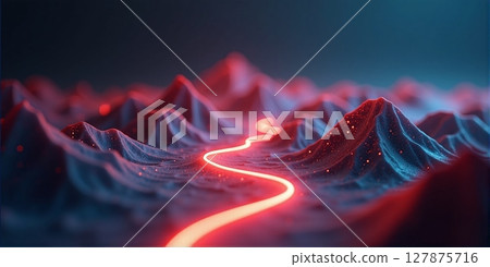 A glowing topographic landscape features high mountains, deep valleys, and winding roads, all set against a dark background 127875716