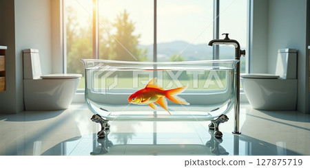 A goldfish glides in a transparent modern bathtub, embodying luxury and relaxation in a chic bathroom 127875719