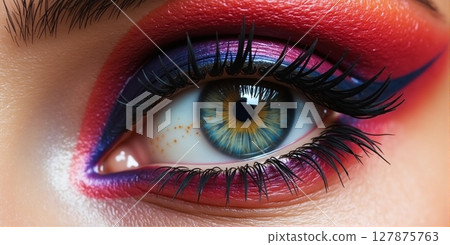 Close-up of a beautiful woman's eyes, adorned with vibrant makeup that enhances her captivating gaze 127875763