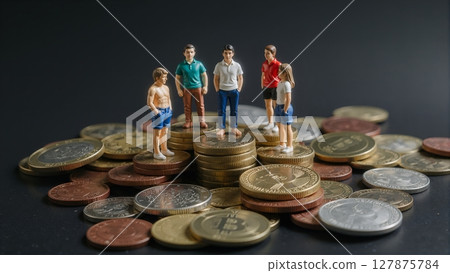 Tiny characters balance confidently atop golden coin towers, symbolizing smart financial planning and secure future investments for retirement and education 127875784