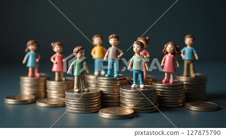 Tiny characters balance confidently atop golden coin towers, symbolizing smart financial planning and secure future investments for retirement and education 127875790