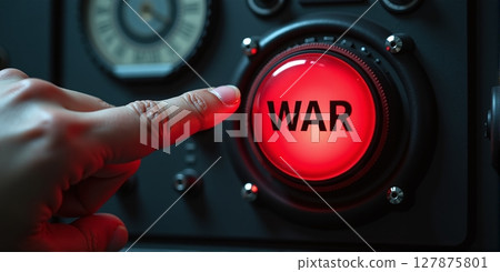 A tense finger hovers over a glowing red button. One press could launch nuclear missiles, igniting a catastrophic world war 127875801
