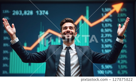 A businessman beams with joy as stock prices soar, profits rise, and an upward arrow on the chart signals success 127875822