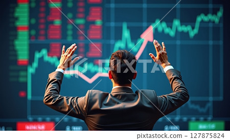 A businessman beams with joy as stock prices soar, profits rise, and an upward arrow on the chart signals success 127875824