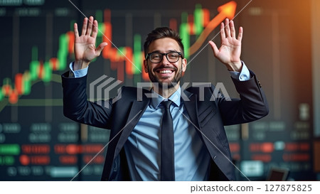 A businessman beams with joy as stock prices soar, profits rise, and an upward arrow on the chart signals success 127875825