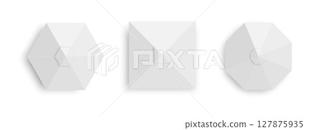 Tents top view. Set of gazebo umbrellas in hexagon, square and octagon shape. Event or beach sunshades. Market canopy mockups isolated on white background. Vector realistic illustration 127875935