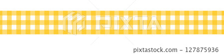 Tape with yellow gingham pattern. Border with vichy print. Ribbon for Halloween or Thanksgiving day present. Cotton, linen or flannel band isolated on white background. Vector flat illustration 127875936