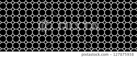 Tile floor or wall pattern with repeated hexagon and square shapes. Mosaic texture in vintage style. Cafe or restaurant interior ornament. Black and white geometric print. Vector graphic illustration Tile floor or wall pattern with repeated hexagon and square shapes. Mosaic texture in vintage style. Cafe or restaurant interior ornament. Black and white geometric print. Vector graphic illustration 127875938