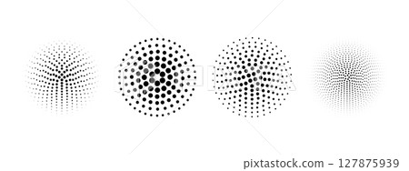 Set of dotted circles with halftone effect. Collection of round shapes with polka dot print isolated on white background. Simple circular design elements. Vector graphic illustration 127875939