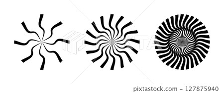 Groovy sun symbols. Round swirl icons. Fan, propeller, cooler, spinner or pinwheel toy signs. Wheel or gear disk symbols isolated on white background. Vector graphic illustration 127875940