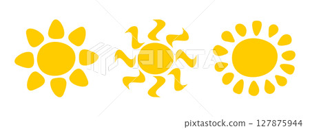 Cute childish sun silhouettes isolated on white background. Set of sunburst, sunlight or sunshine signs. Summer theme symbols. Happy positive vibes concept. Vector flat illustration Cute childish sun silhouettes isolated on white background. Set of sunburst, sunlight or sunshine signs. Summer theme symbols. Happy positive vibes concept. Vector flat illustration 127875944