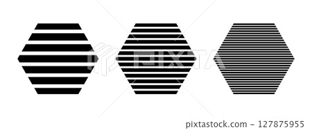 Black striped hexagon shapes isolated on white background. Streaked basic geometric forms. Minimalistic design elements. Vector graphic illustration 127875955