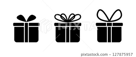 Set of gift box silhouettes. Present packages shapes with ribbon bows isolated on white background. Prize, surprise or giftware pictograms. Vector graphic illustration 127875957