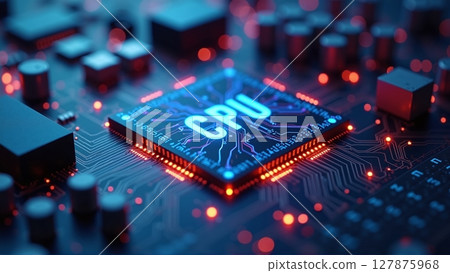close-up of a powerful CPU on a modern motherboard, poised to tackle intricate calculations with lightning-fast precision 127875968