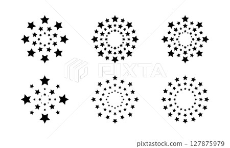Set of concentric circles with star borders isolated on white background. Prize, success or award print. Collection of starry rings emblem templates. Vector graphic illustration Set of concentric circles with star borders isolated on white background. Prize, success or award print. Collection of starry rings emblem templates. Vector graphic illustration 127875979