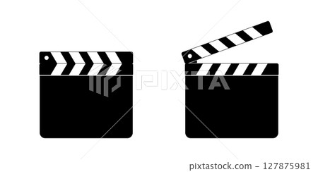 Closed and open movie clapboard silhouettes. Clapper boards isolated on white background. Camera and action concept. Cinema or television program production tools. Vector graphic illustration 127875981