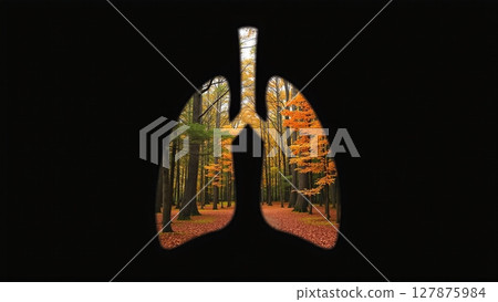 Forest shaped like human lungs, nature's vital organ, transforms CO2 to oxygen. Essential for life, it's Earth's breathing apparatus 127875984