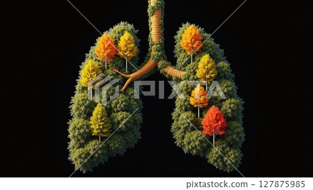 Forest shaped like human lungs, nature's vital organ, transforms CO2 to oxygen. Essential for life, it's Earth's breathing apparatus 127875985
