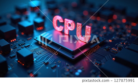 close-up of a powerful CPU on a modern motherboard, poised to tackle intricate calculations with lightning-fast precision 127875991