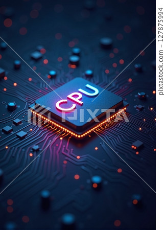 close-up of a powerful CPU on a modern motherboard, poised to tackle intricate calculations with lightning-fast precision 127875994