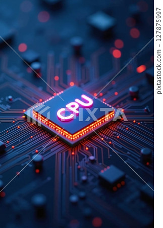 close-up of a powerful CPU on a modern motherboard, poised to tackle intricate calculations with lightning-fast precision 127875997