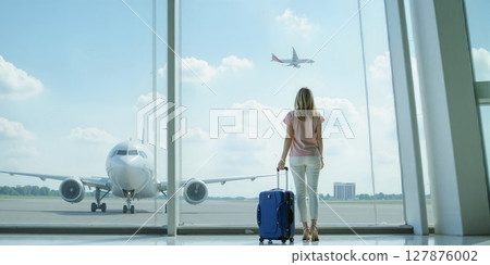 A businesswoman stands at the airport, luggage in hand, gazing up at the sky, ready for her next adventure A businesswoman stands at the airport, luggage in hand, gazing up at the sky, ready for her next adventure 127876002