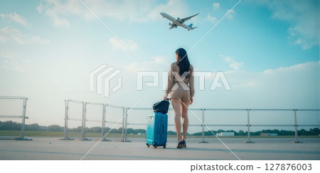 A businesswoman stands at the airport, luggage in hand, gazing up at the sky, ready for her next adventure 127876003