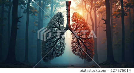 Forest shaped like human lungs, nature's vital organ, transforms CO2 to oxygen. Essential for life, it's Earth's breathing apparatus 127876014
