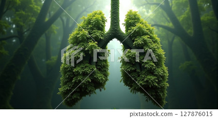 Forest shaped like human lungs, nature's vital organ, transforms CO2 to oxygen. Essential for life, it's Earth's breathing apparatus 127876015