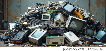 Discarded electronics pile up, threatening nature. E-waste awaits recycling, a chance to reclaim valuable materials and protect our environment 127876166
