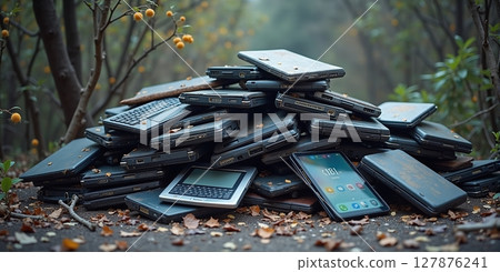 Discarded electronics pile up, threatening nature. E-waste awaits recycling, a chance to reclaim valuable materials and protect our environment 127876241
