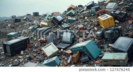 Discarded electronics pile up, threatening nature. E-waste awaits recycling, a chance to reclaim valuable materials and protect our environment 127876248