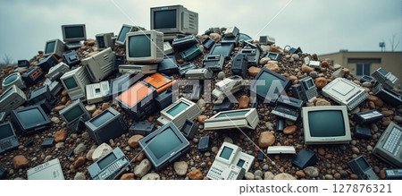 Discarded electronics pile up, threatening nature. E-waste awaits recycling, a chance to reclaim valuable materials and protect our environment 127876321