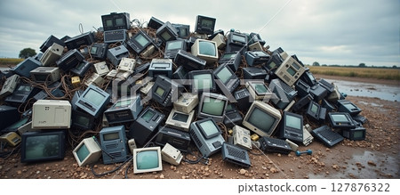 Discarded electronics pile up, threatening nature. E-waste awaits recycling, a chance to reclaim valuable materials and protect our environment 127876322