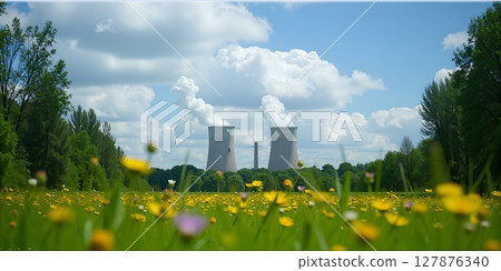 Nuclear power plant nestled in nature. Cooling towers emit steam plumes, contrasting industrial might with serene surroundings 127876340