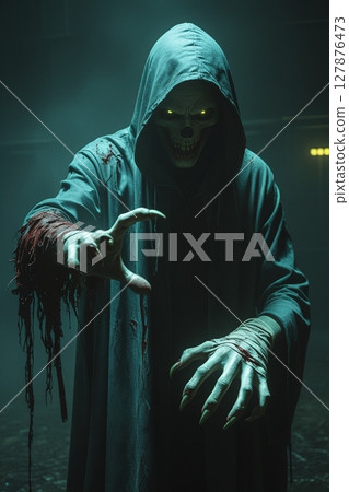 Creepy hooded figure in the dark 127876473