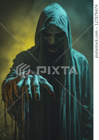 黑暗中令人毛骨悚然的戴兜帽的身影 127876474