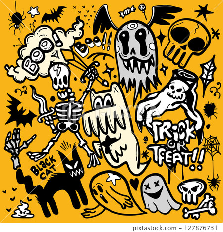 Spooky Halloween illustrations featuring ghosts, skeletons, and black cat create fun atmosphere Spooky Halloween illustrations featuring ghosts, skeletons, and black cat create fun atmosphere 127876731