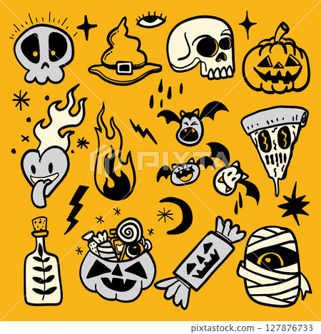 Spooky Halloween themed illustrations featuring skulls, bats, pumpkins, and candy Spooky Halloween themed illustrations featuring skulls, bats, pumpkins, and candy 127876733